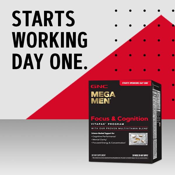 GNC Mega Men Focus and Cognition Vitapak Program, Convenient, Complete Nutrition, 3 Products in 1 Packet, Clarity, Focus, Energy, Concentration, Works on Day One, 100mg Caffeine, 30 Daily Packs