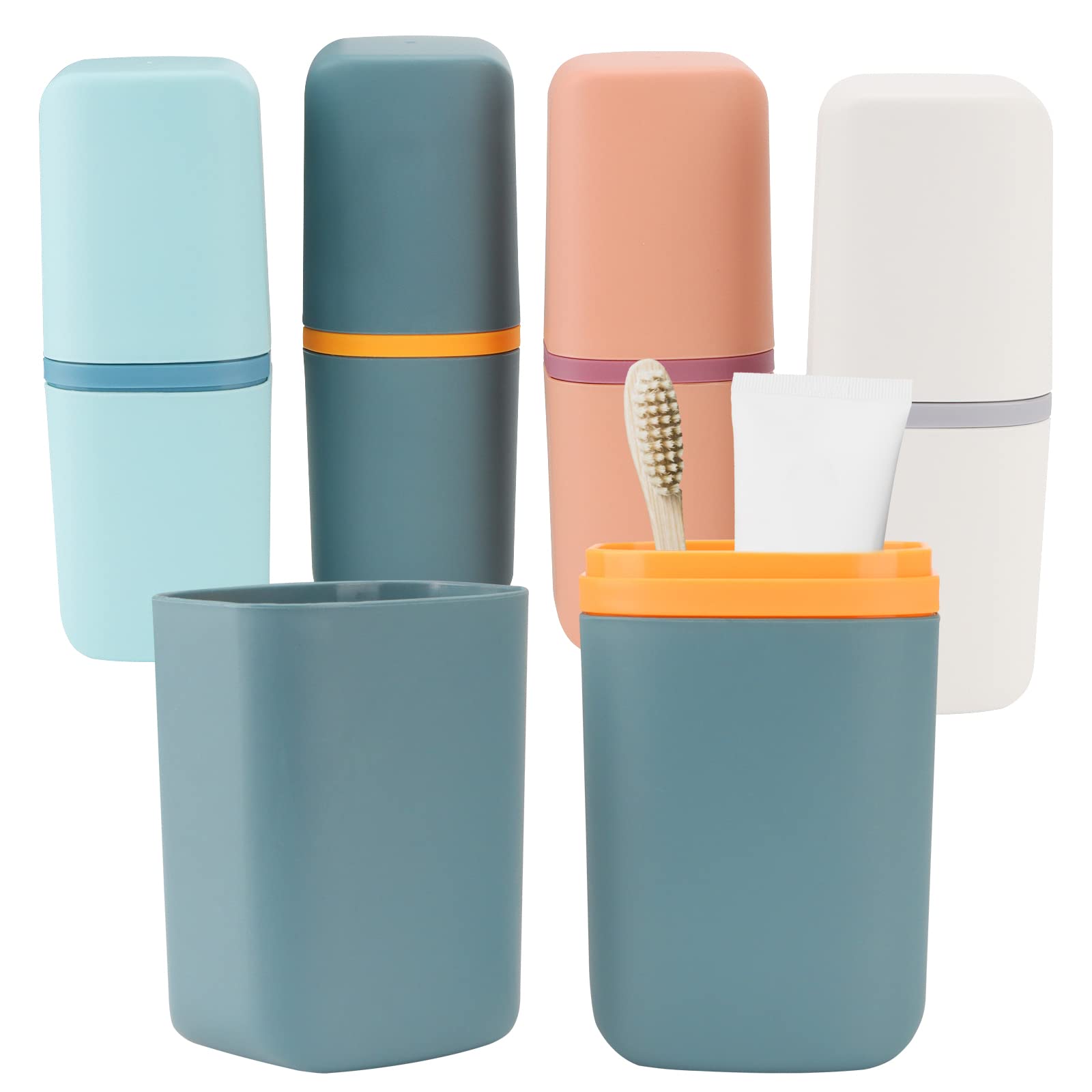 PINGEUI 4 Piece Toothbrush Case Travel Set, Toothbrush Cup for Toothbrushes and Toothpaste, Travel Toothbrush Holder for Hiking, Business Trips, Home, Blue/Light Blue/Pink/Grey