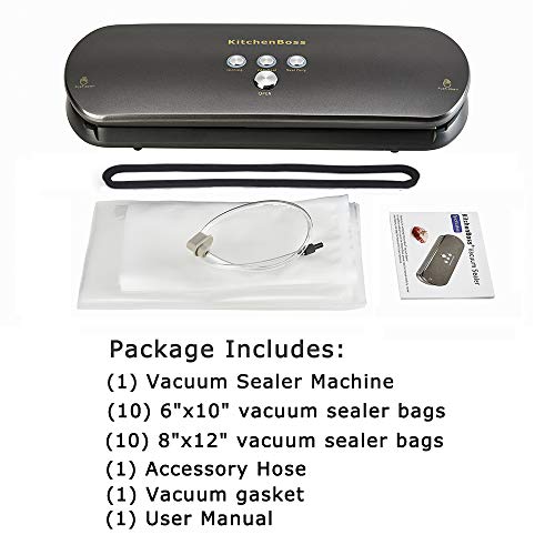 KitchenBoss Vacuum Sealer Machine for Preservation Automatic Vacuum Sealing System, Intelligent LED Indicator Lights,with Starter Kit Inclued 20 PCS Bags(grey)