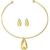 NOVYRA Gold Choker Necklaces Earrings Set For Woman Minimalist Geometric Pendant Collar Necklace Earrings Gold Hoop Statement Pendant Jewelry Set For Women