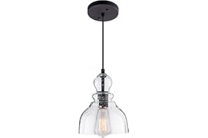 LANROS Farmhouse Kitchen Pendant Lighting with Handblown Clear Seeded Glass Shade, Adjustable Cord Mini Ceiling Light Fixture