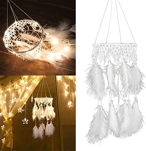 Led Dream Catcher with Warmwhite String Lights Decorative Hanging Feather Dreamcatcher Battery Powered Light Up Home Bedroom Wedding Birthday Decorations (White)