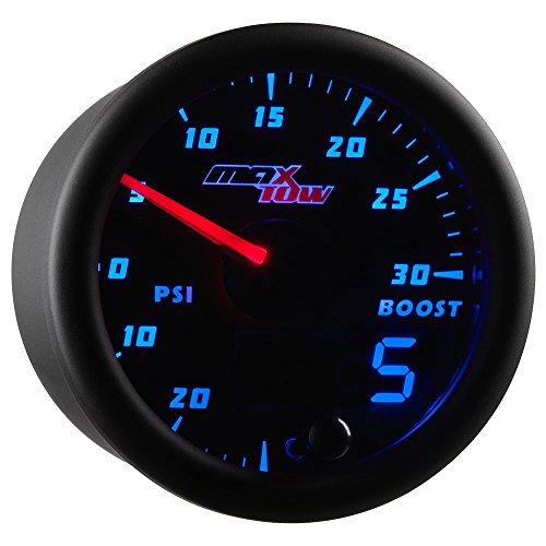 MaxTowDouble Vision 30 PSI Turbo Boost/Vacuum Gauge Kit - Includes Electronic Pressure Sensor - Black Gauge Face - Blue LED Dial - Analog & Digital Readouts - for Gas Trucks - 2-1/16" 52mm