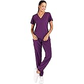 Minty Mint Women's Solid Stretch Medical Uniform Scrub Set V Neck Top Cargo Tapered Jogger Pants Purple 2XL