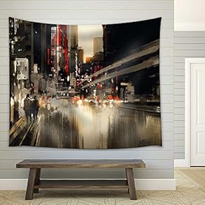 City Street Digital Painting.Illustration - Fabric Wall Tapestry Home Decor - 51x60 inches