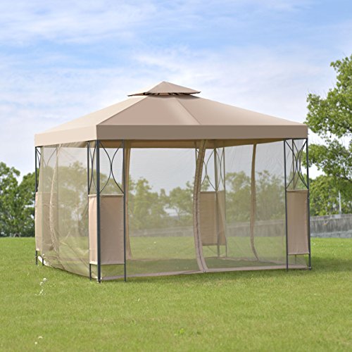 oldzon 2-Tier 10'x10' Gazebo Canopy Tent Shelter Awning Steel Patio Garden Brown Cover with Ebook