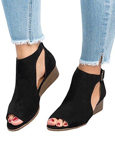 Minetom Womens Low Heel Ankle Buckle Wedge Sandals Cut Out Cushioned Strap Bootie Boots Black 6 B (M) US