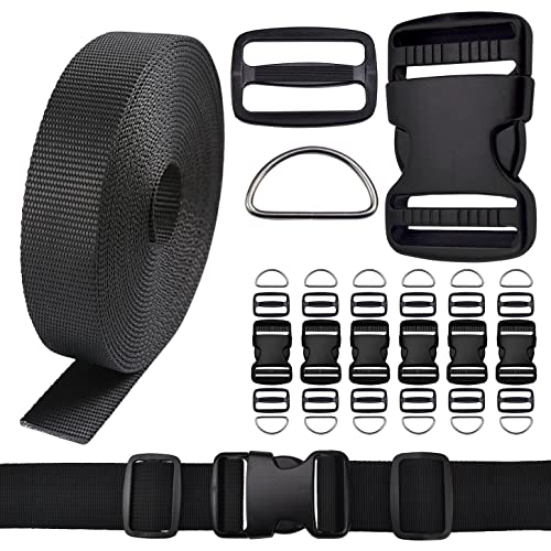 CooBigo 1.5 Inch Buckles Straps Set 6 Yards 1.5 Inch Black Nylon Webbing Strap 6 Pcs Quick Side Release Plastic Buckle Dual Adjustable 12pcs Tri-glide Slide Clip 12 Pcs Metal D Rings