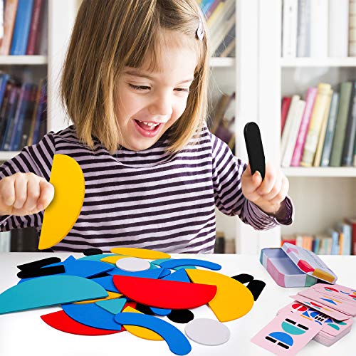 Wooden Pattern Blocks Animals Jigsaw Shape Puzzle Sorting Stacking Games Montessori Brain Teaser STEM Educational Toys Birthday Gift for Toddlers Kids Age 3+ Years Old (38 Shape & 50 Pattern Cards)
