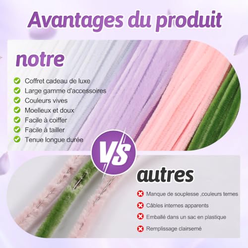 OneAmg 800 Pieces Chenille Thread 14 Colours Cure Pipe Crawler DIY Crafts Includes: Floral Tape, Artificial Stems, Decorative Tape, Beads, Pistils and Hot Glue Sticks | Pipe Cleaners Comprenant : Ruban Adhésif Floral, Tiges Artificielles, Ruban Décoratif, Perles, Pistils et Bâtons,Colle Chaude