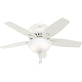 Hunter 42 inch Indoor Ceiling Fan with LED Light - White Ceiling Fan with Pull Chain, For Bedroom or Living Room, Low Profile