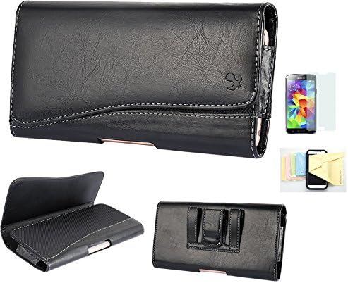 Galaxy S7 Premium PU Leather Pouch Protective Phone Carrying Case with Belt Clip Belt Loops Holster Momiji® [Screen Guard] Protector, Cleaning Cloth Samsung [Galaxy S7] (Black)