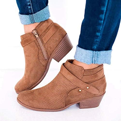 Goldweather Women Martin Boots Ladies Retro Pointed Toe Buckle Strap Square Heel Ankle Bootie