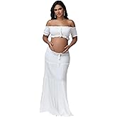JustVH Maternity 2 Piece Outfits Dress Boho Off Shoulder Ruffle Tube Top Flowy Long Skirt for Photoshoot Baby Shower