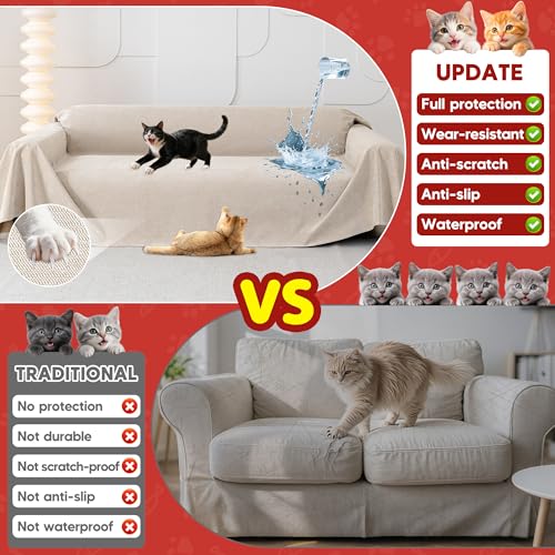 Loiion Pet Fur Sofa Covers, 3 Seater Sofa Cover, Furniture Protector for Dogs, Sofa Protector for Cats Scratches and Pet Dogs, Non-Slip Stains, Khaki, 380 x 180 cm