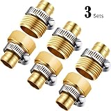 3 Sets 5/8 Inch Brass Garden Hose Repair Kit Mender End Water Hose End Mender Female and Male Hose Connector with 6 Pieces Stainless Steel Clamp