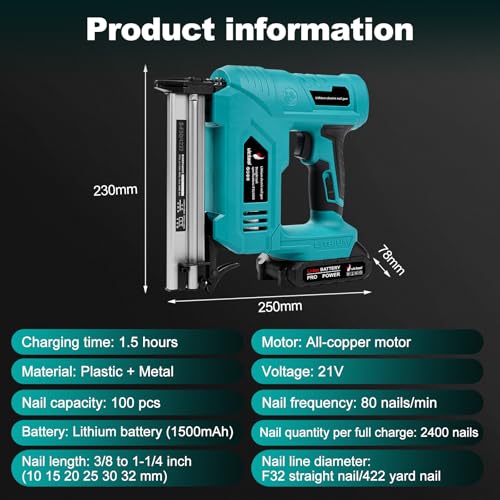 Clavadora Inalámbrica para Muebles con 100 Clavos de Código N y 100 Clavos Rectos, 21V Clavadora Eléctrica Inalámbrica para Carpintería Herramientas de Clavado para Instalación en el Hogar Industria