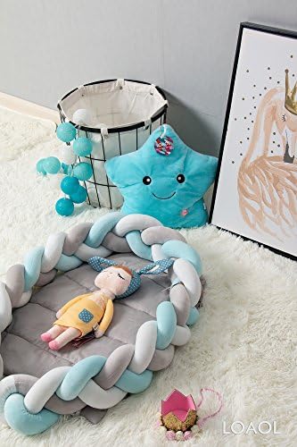 LOAOL Baby Crib Nest Bed Newborn Lounger Sleeper Knotted Braided Infant Nursery Decor Cradle Bumper (White-Gray-Blue, 17.7" x 23.6")