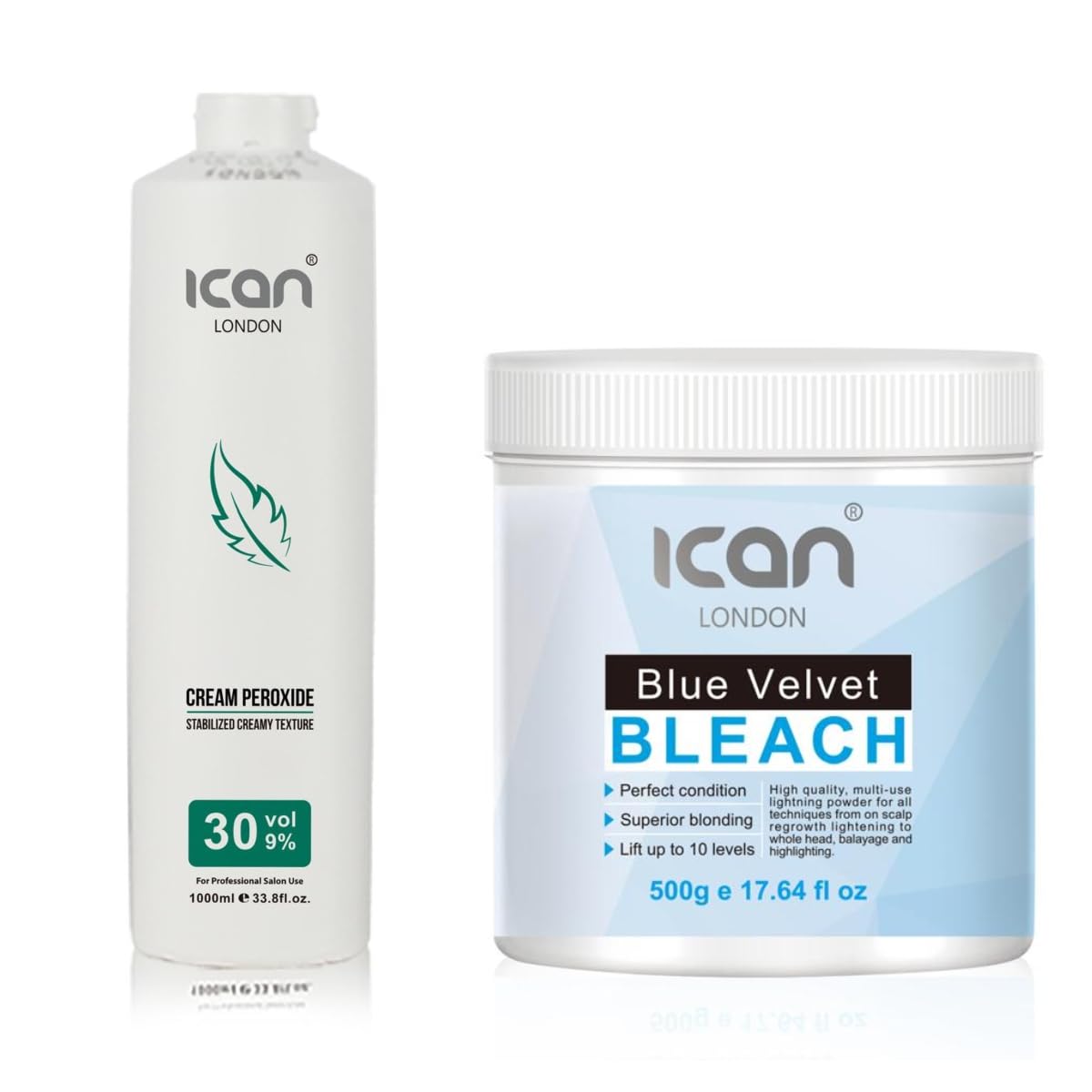 ICAN LONDON Professional Cream Peroxide 30 Vol 9%, 1000 ml, Velvet Blue Powder Bleach, 500 g