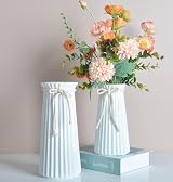 JUZAI White Ceramic Ribbed Vase 8 Inch Minimalist Modern Home Decor view 3