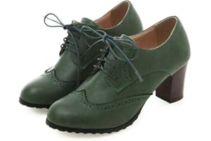VIMISAOI Women's Vintage Oxfords Brogues Wingtip Chunky Block Heel Shoes, Lace-up Perforated Stacked Pumps Dress Saddle Shoes Gift