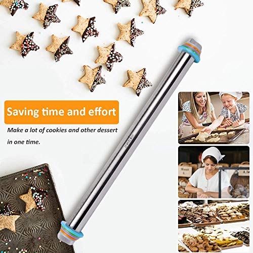 PROKITCHEN Adjustable Rolling Pin Dough Roller with Silicone Baking Pastry Mat, Stainless Steel Rolling Pins with Removable Thickness Rings Guides Spacers (Renewed)