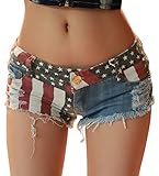 Chouyatou Women's Low-Rise American Flag Print Daisy Duke Ripped Denim Shorts (Medium, Blue)
