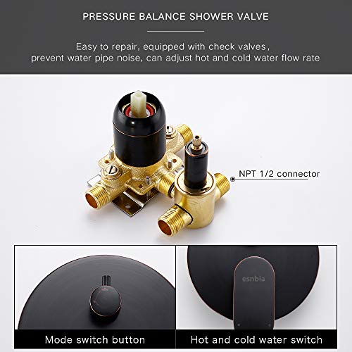 Esnbia Oil Rubbed Bronze Shower System, Wall Mounted Shower Faucet Set for Bathroom with High Pressure 8" Rain Shower head and 3-Setting Handheld Shower Head Set (Rough in Valve Included) - Thumbnail 5