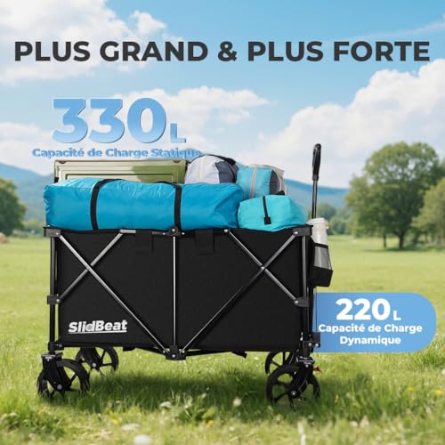 SLIDBEAT Beach Trolley 220-330L, 200 kg Folding Transport Trolley with 360° Swivel Wheels, XXL Garden Trolley with Automatic Rebound Handle All Terrain with Brakes for Fishing Camping