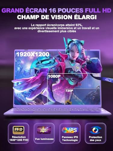 16 Inch Gaming Laptop 12 + 512 GB Support Extension 1TB (HDD-2TB) 4 Cores Celeron N5095 (up to 2.9 GHz) 1920x1200 PC Gamer Laptop, Laptop with 2K Screen 2.4+5G WiFi Mini HDMI-Purple