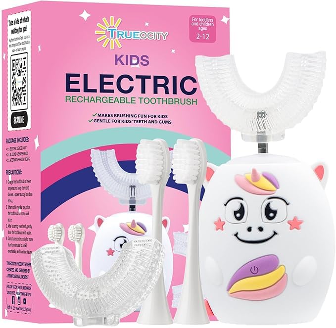 Tueocity Kids Electric Toothbrush U Shaped Chewable Silicone Toddler Electric Tooth Brush for 2 Years +, Rechargeable Kids Toothbrushes 3-5 4 7 6-8 6-12 Years Old for Children Boys and Girls (Pink)
