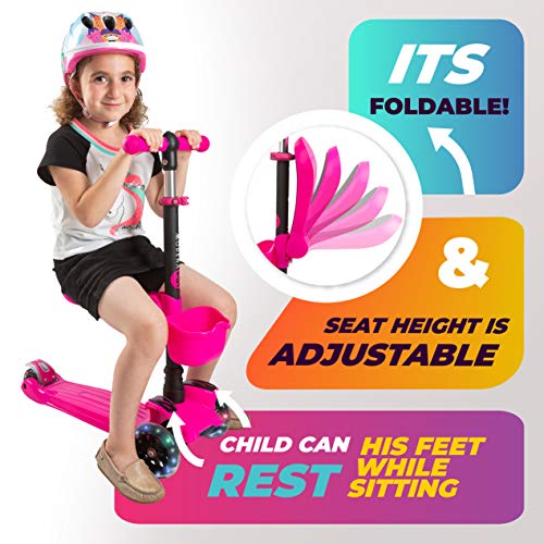 Modera Kids Kick Scooter w/ 3 Wheel Deck, Handle Bar Grips, Sit-or-Stand Removable Folding Seat, Foot Rest, Built-in Brake & Bonus Basket for 2-8 Year Old Toddler Boys & Girls Max 110 Lbs.