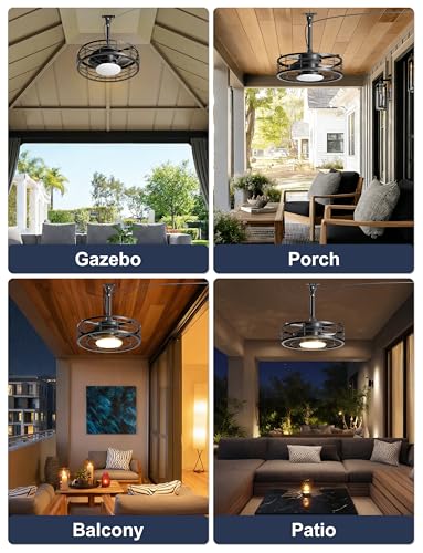 Phylluz Outdoor Ceiling Fan with Lights - 16'' Wet Rated Gazebo Fan Remote/APP Control, Caged Hanging Fan Plug and Play for Covered Patio Porch, Black
