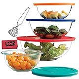 8-Piece Glass Mixing Bowls With Lids | Glass Food Storage Containers | Dishwasher, Oven and Microwave Safe, Clear - Bundled with French Whisk & Cloth