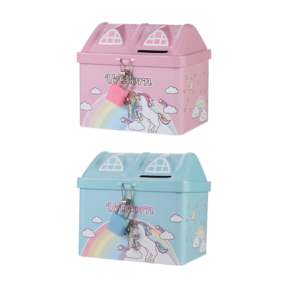 BESPORTBLE 2Pcs Unicorn Piggy Bank House Saving Pot Money Coin Bank Metal Coin Box with Lock for Kids Toddler Children Birthday Present, 11.5X10.5cm