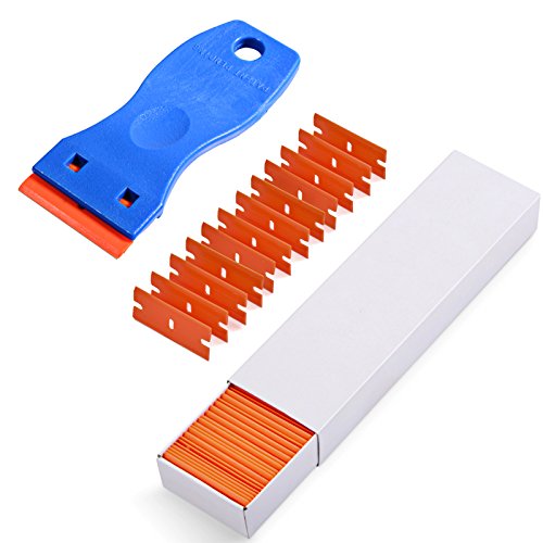 Ehdis 1.5" High Visibility Mini Razor Plastic Double Edged Blade Scraper with 100PCS Plastic Razor Scraper Blades for Scraping Labels and Decals from Glass, Windshields