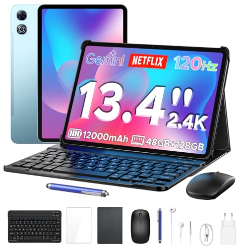 P13 Android Tablet 16, Tablet 13 Inches, Gemini AI, 48GB RAM+128GB ROM/2 TF, 12000mAh/18W, IPS 2.4K, 120Hz, T7280 Octa-Core, 13MP, Face ID, 5G WiFi, GPS, OTG, Tablet with Keyboard and Pen, Blue