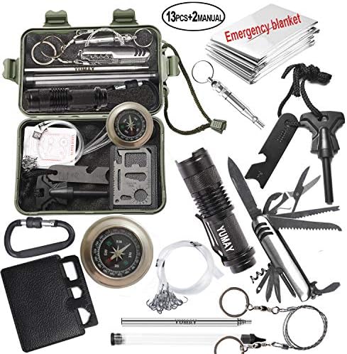 Yumay 13 in 1 Emergency Survival Kits Multi-Purpose Survial Tools Outdoor Emergency Gear Kits Campfire Tools Camping Adventure Hunting Traveling Fishing.