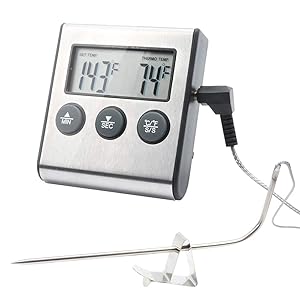 TLOG Digital Meat Thermometer & Timer, Large LCD Digital Cooking Food Thermometer with Probe, Stainless Steel Instant Read Grill/Roasting Thermometers for Smoker Outdoor Oven Kitchen BBQ, Silver