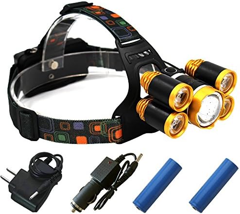 ustopfire 5 Led Bulbs Cree XML-T6 6000 Lumens LED Headlight + 4R5 4 Mode 18650 Rechargeable Waterproof Headlamp Super Bright Adjustable Headlamp for Outdoor Hiking Camping Riding Fishing Hunting