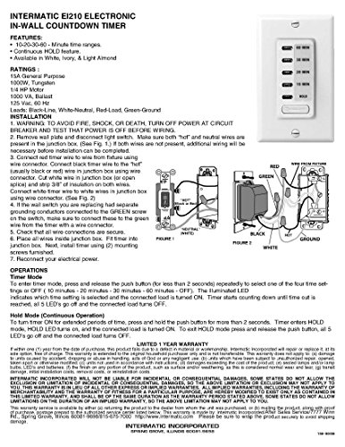 Intermatic EI210LA 10/20/30/60 Electronic In-Wall Countdown 1800-Watt Timer, Light Almond