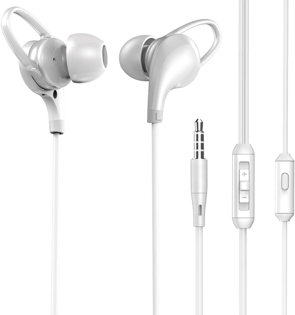 BoYaZ Earphones Earhook Premium Stereo Earbuds Noise Isolating Bass In-ear Headphones with Mic & Remote Control Sports Running Gym Hiking Jogger Exercise for All Smartphone Ipod Tablet (11-White)