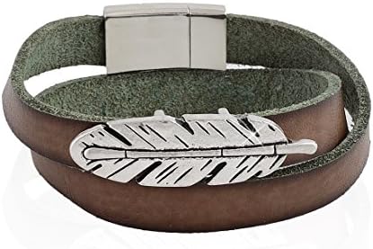 Mens Leather Bracelet with Feather Charm - Black or Brown