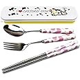 OLizee® Cute Creative Cow Pattern Design Flatware Set of 3 Ceramics Handle Stainless Steel Spoon Fork Chopsticks for Traveling Portable Lovely Animals Korean Tableware Set (Pink)