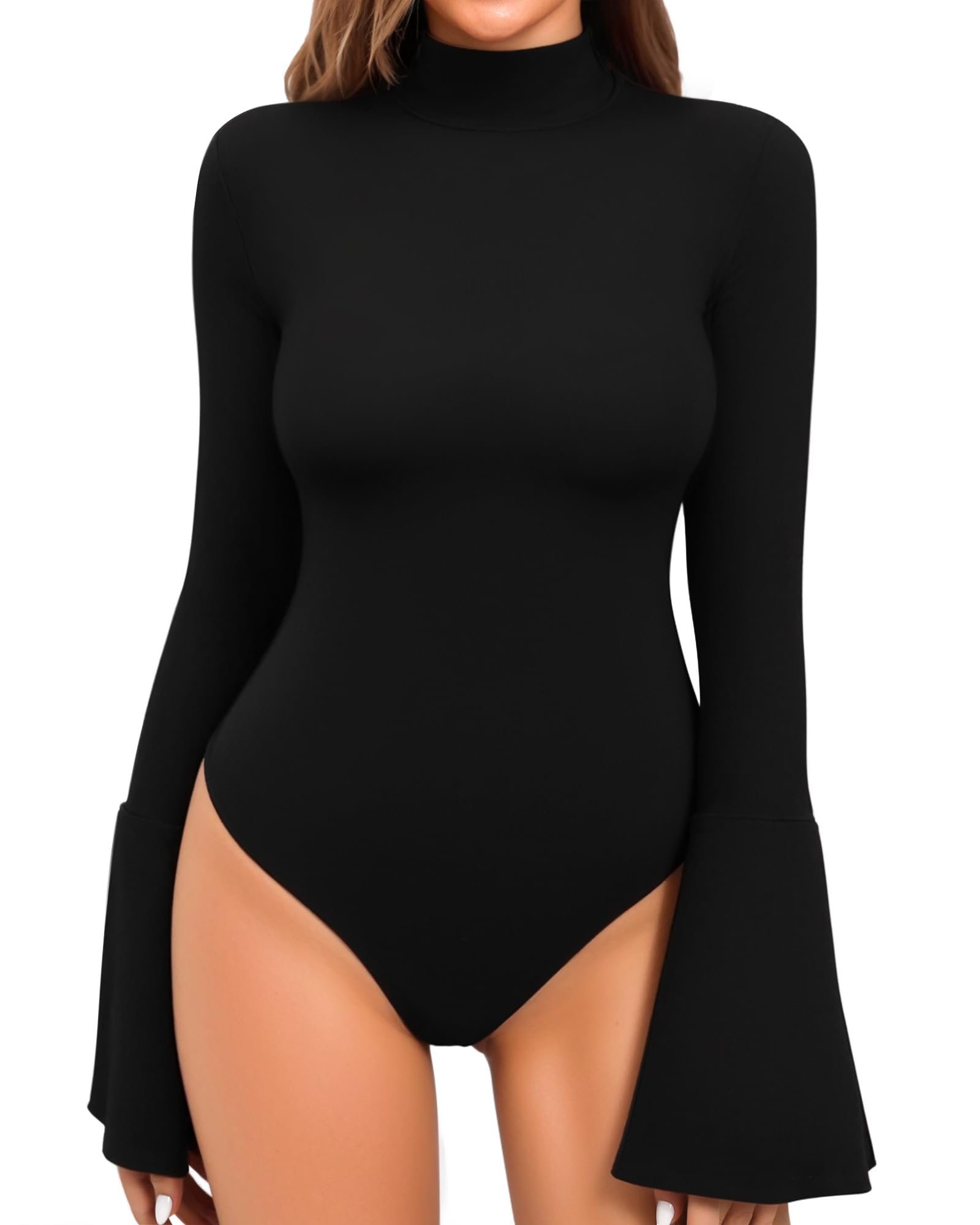 Photo 1 of MANGOPOP Bell Sleeve Mock Neck Long Sleeve Bodysuit for Going Out Tops for Women, Black, Large
