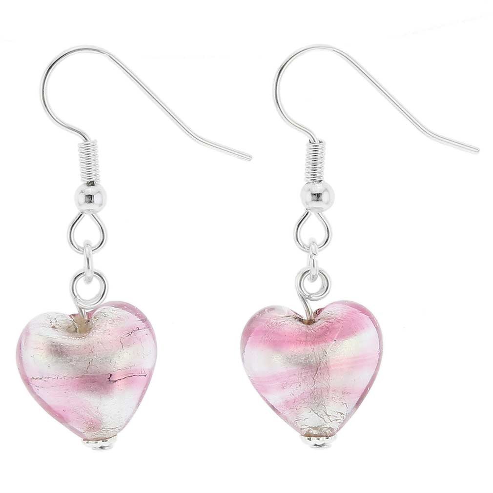 Glass Of Venice Murano Glass Heart Earrings - Striped Silver Pink