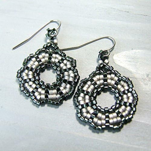 Dark Green and Grey Seed Bead Dangle Earrings with Stainless Steel Earwires