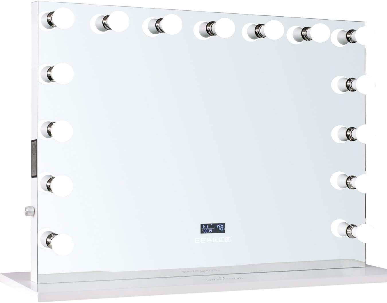 ReignCharm HM6033 Hollywood Vanity Mirror, Bluetooth Audio Speakers, 15-LED Light Bulbs, USB Ports and Outlets, 44" L x 33" H, X-Large, Borderless