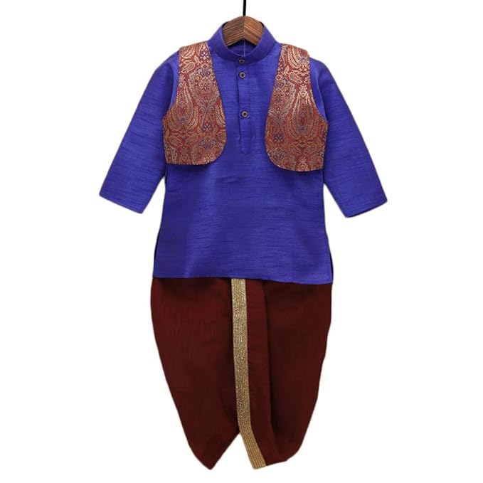 Ridokidz By Hopscotch Boys Cotton Full Sleeves Dhoti Kurta With Half Jacket In Blue Color