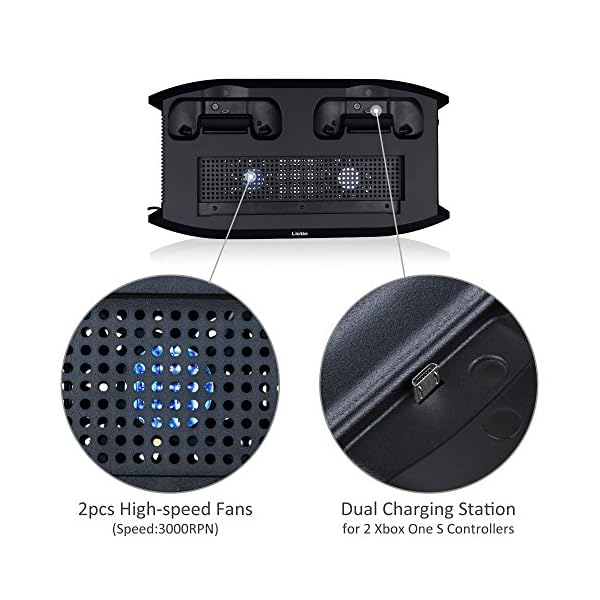 Lictin-Xbox-One-S-Vertical-Stand-Cooling-Fan-with-Dual-Charging-Station-for-2-Xbox-One-S-Controllers-8-Silicone-Thumb-for-Xbox-One-S-ControllerBlack Lictin Xbox One S Vertical Stand Cooling Fan with Dual Charging Station for 2 Xbox One S Controllers + 8 Silicone Thumb…